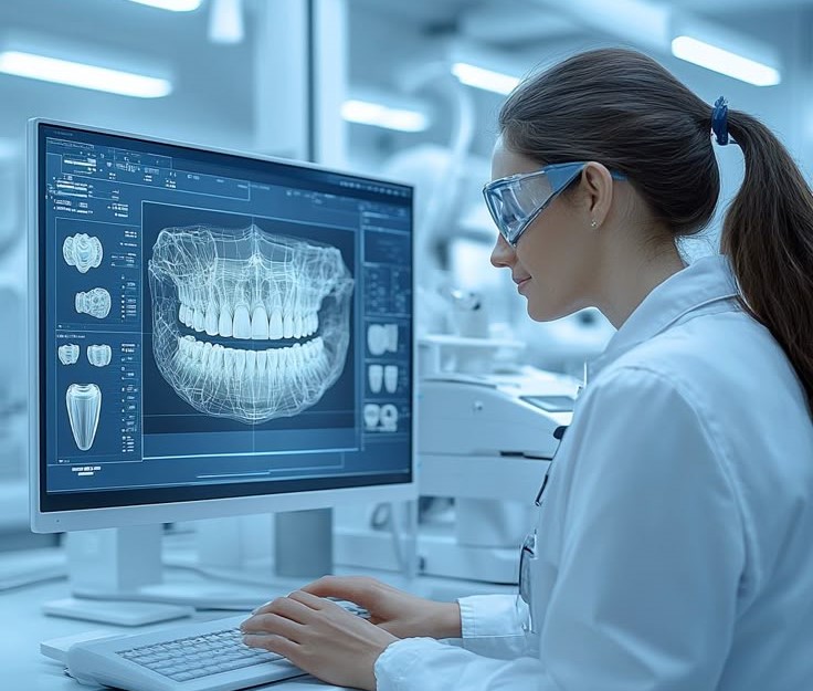AI software analyzing dental X-ray to detect cavities and bone loss